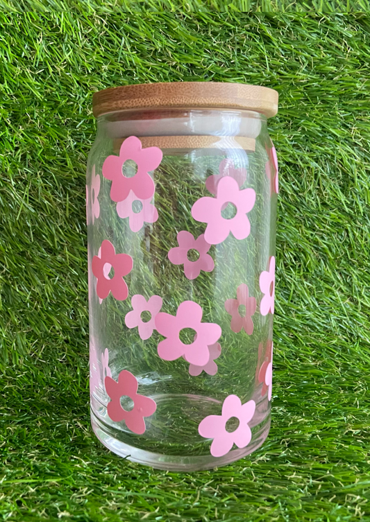 Pink Flower Glass Can- 473ml